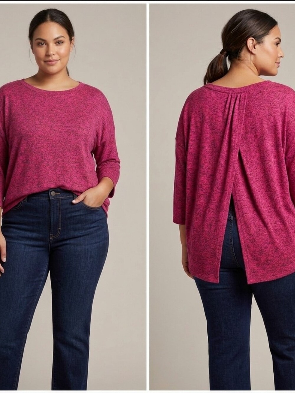 NWT Bobeau Soft Layered Back Drop Shoulder Heathered Pink Scoop Sweater XL